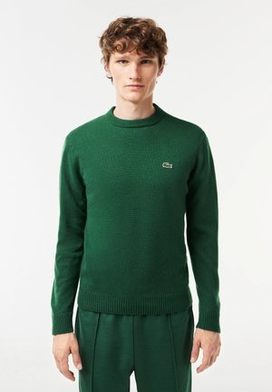 Suéter verde de punto con cuello y puños acanalados. Logo de Lacoste en blanco en el lado izquierdo del pecho. Textura suave, diseño ajustado.