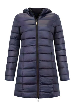 Donkerblauwe gewatteerde winterjas met capuchon, horizontale stiksels en een ritssluiting aan de voorkant.