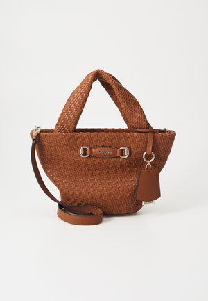 Brown woven handbag made of textured material with dual handles, a detachable strap, silver hardware, and a logo tag.