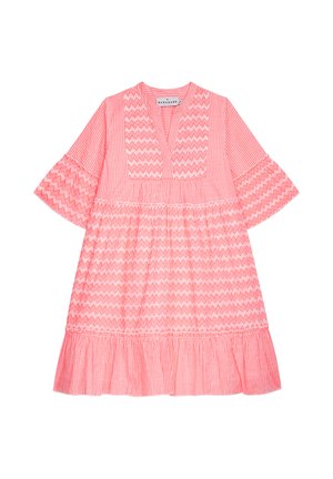 Rosa knielanges Kleid mit Zickzack- und Streifenmustern, V-Ausschnitt, ellbogenlangen Glockenärmeln und einem gerafften Saum.