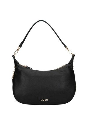 Borsa a spalla in pelle nera con forma curva, dettagli in metallo dorato e logo sul davanti. Caratterizzata da una chiusura con zip e tracolla corta.