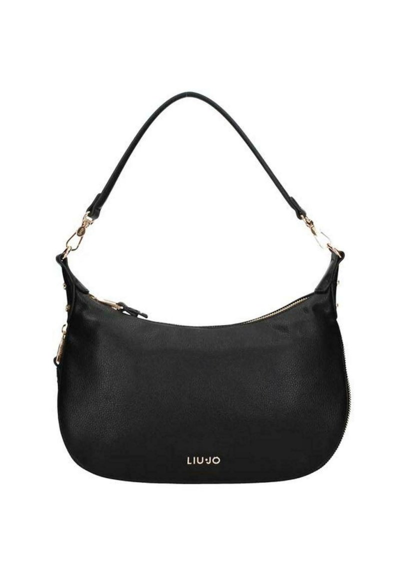 Bolso de hombro de cuero negro con una forma curvada, acentos de hardware dorado y un logotipo en la parte frontal. Presenta un cierre de cremallera y una correa corta.