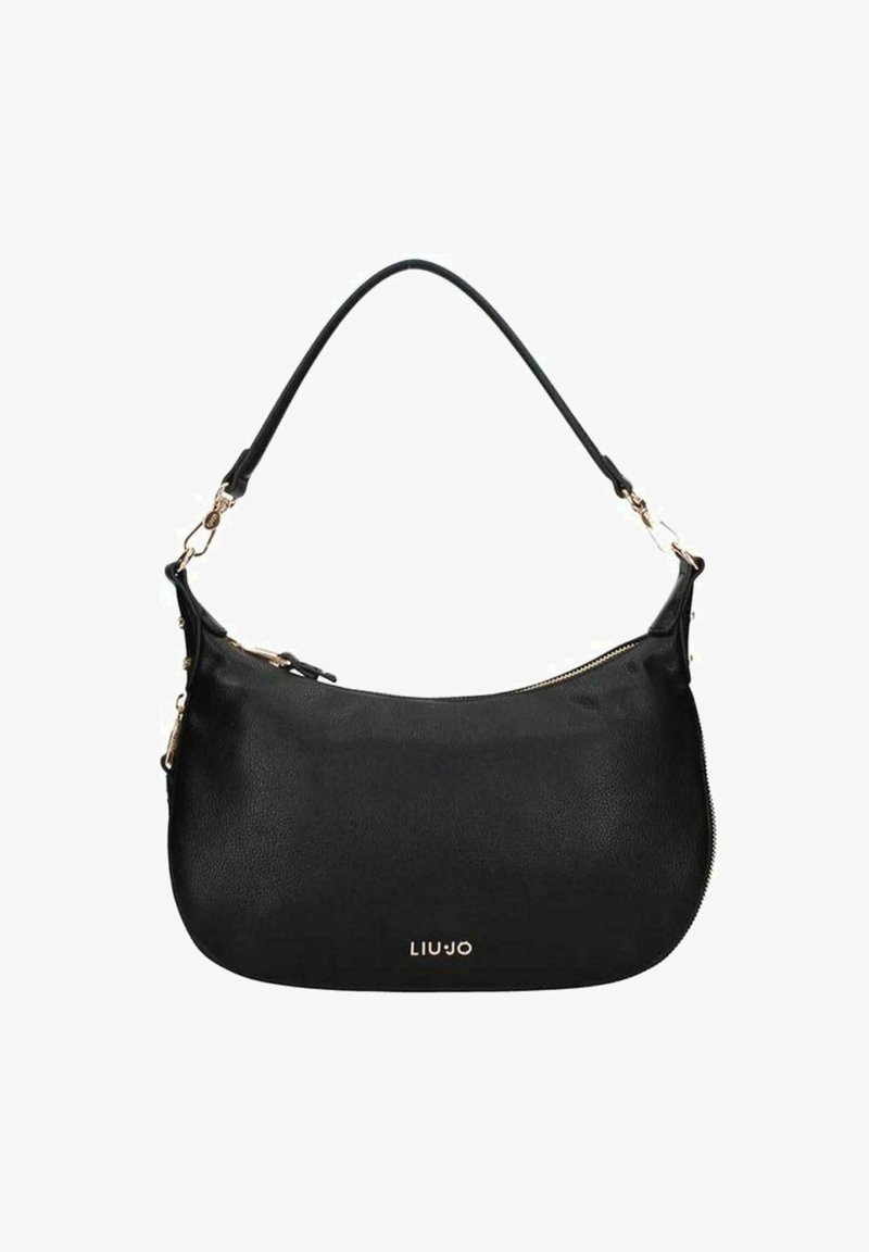 Borsa a spalla in pelle nera con forma curva, dettagli in metallo dorato e logo sul davanti. Caratterizzata da una chiusura con zip e tracolla corta.