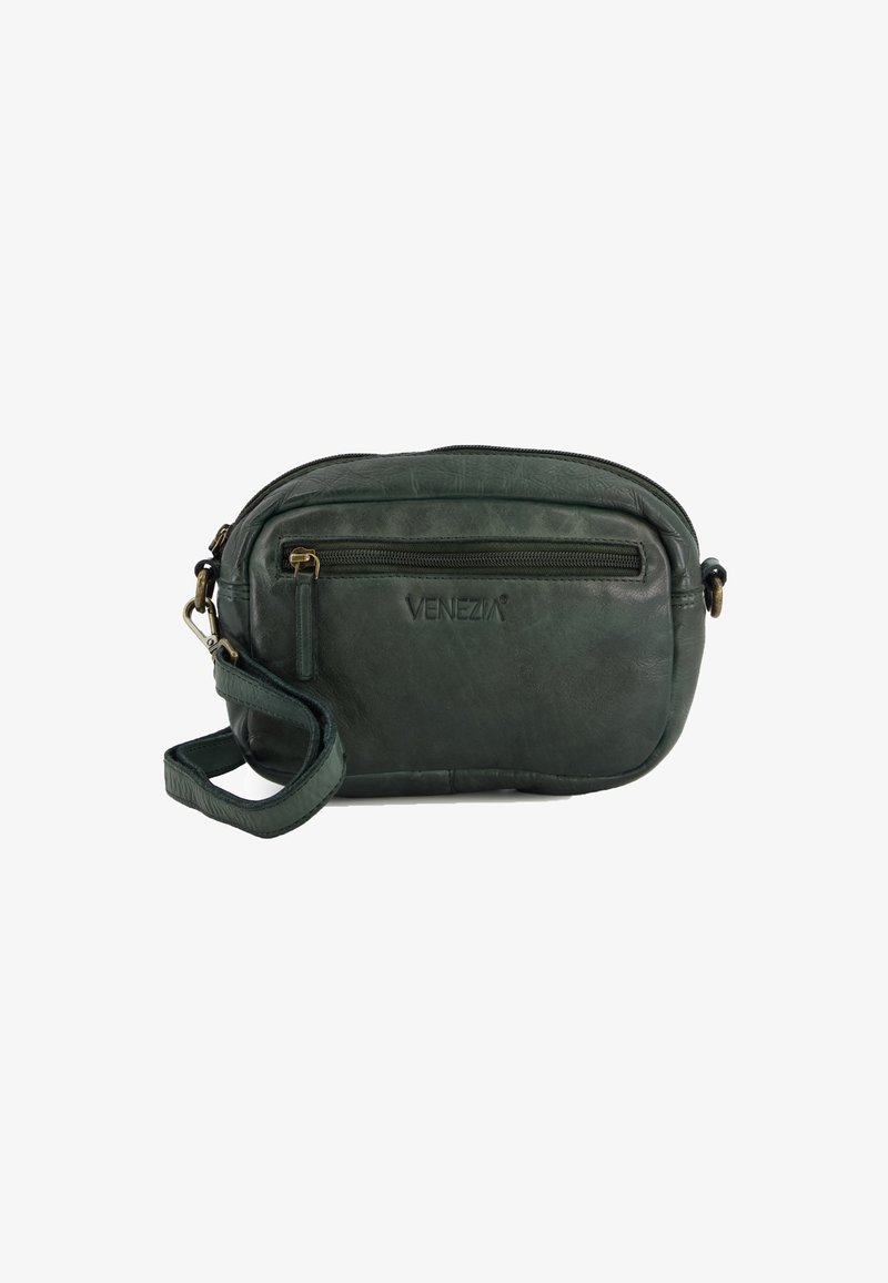 Kompakte dunkelgrüne Leder-Wristlet-Tasche mit vorderer Reißverschlusstasche und geprägtem Venezia-Logo, ausgestattet mit einem abnehmbaren Tragegurt.