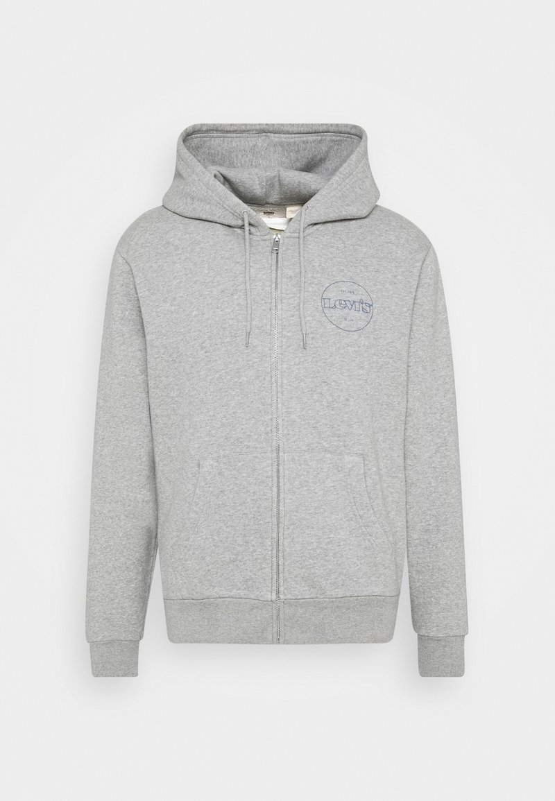 Sweat à capuche gris clair zippé avec poches avant, capuche à cordon, poignets côtelés et logo Levi's sur la poitrine gauche.