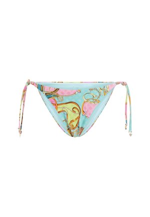 Swim bottom in light blue with a colorful, chain and bow pattern, tied sides with bead accents, made of stretchy fabric.