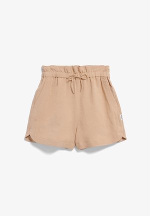 Lichtbeige shorts van zacht materiaal, voorzien van een elastische tailleband met trekkoord, zijzakken en afgeronde zomen.