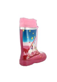 Roze rubberen regenlaars met een eenhoorn- en feeënontwerp, een blauwe achtergrond met sterren, en een transparante roze trekkoordtop.