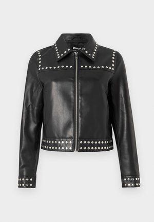 Zwarte leren jas met zilveren studs langs de schouders, manchetten en zoom, met een ritssluiting en een klassiek kraagontwerp.