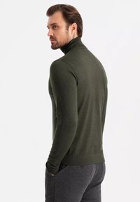 Pull en col roulé vert olive fabriqué en tissu tricoté doux, avec une coupe ajustée, des poignets côtelés et un ourlet droit. Design minimaliste sans motifs.