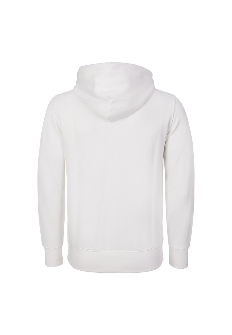 Sudadera blanca de manga larga con capucha, puños y dobladillo acanalados, vista desde atrás, con capucha sin logotipos ni diseños visibles.