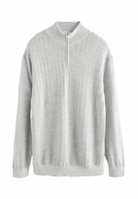 Helle graue Strickpullover mit hohem Kragen und halbem Reißverschluss. Verfügt über ein strukturiertes Zickzackmuster sowie gerippte Bündchen und Saum.