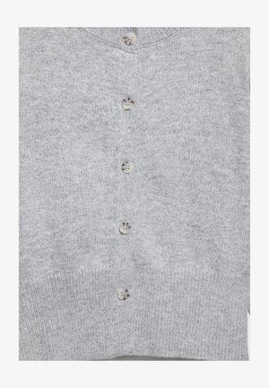 Világosszürke kötött kardigán öt kerek, márványozott gombbal az elején és bordázott szegéllyel.