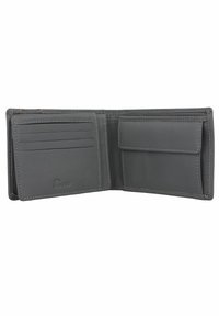 Gray leather wallet featuring multiple card slots and a compartment, with contrasting stitching and a subtle embossed logo.