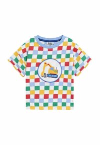 Short-sleeve T-shirt with a multicolored checkerboard pattern. Features a circular design of a yellow excavator on a blue background.