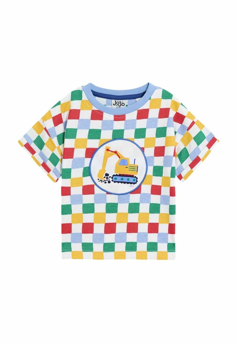 Short-sleeve T-shirt with a multicolored checkerboard pattern. Features a circular design of a yellow excavator on a blue background.