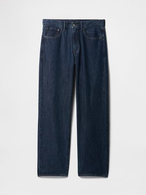 Dark blue straight-leg denim jeans with five pockets, a zip fly, and a classic stitching pattern. No visible distressing or embellishments.