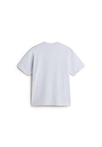 Šedé bavlněné tričko, krátké rukávy, kulatý výstřih, jednoduchý design, žádné vzory ani akcenty, hladká textura, zobrazeno zezadu.