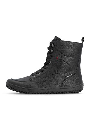 Black high-top boot with textured leather, front laces, pull tab at ankle, and flexible rubber sole, shown in profile on a white background.