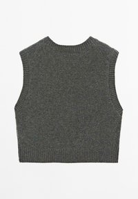 Mouwloze, cropped sweater in donkergrijs. Gemaakt van gebreide stof, met ribgebreide randen rond de halslijn en zoom. Soepele textuur.