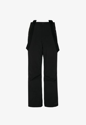 Pantaloni da sci neri con bretelle regolabili, tasche con zip, vestibilità ampia, tessuto impermeabile e cuciture rinforzate per una maggiore durata.