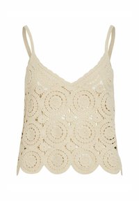 Top de ganchillo en beige con dobladillo festoneado y tirantes finos, con patrones circulares y tejido abierto para una mejor transpirabilidad.