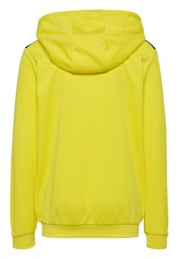 Gul hætte sweatshirt med en struktureret stof, elastiske manchetter og kant. Har et minimalistisk design med sorte accenter på skuldrene.