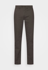 Bawełniane spodnie w ciemnooliwkowym odcieniu o prostym kroju, z zapięciem na guziki z przodu, szlufkami na pasek i bezszwowymi kieszeniami bocznymi.