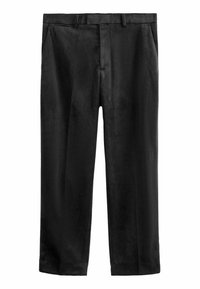 Pantaloni neri a gamba dritta realizzati in tessuto morbido, dotati di chiusura con zip, due tasche frontali e un design classico della vita.