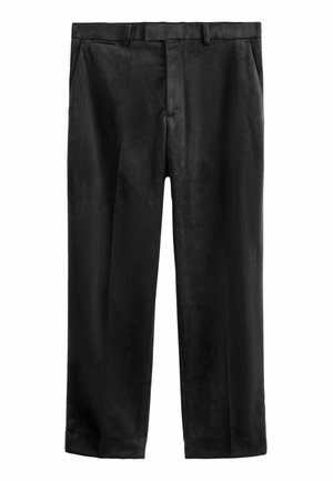 Schwarze, gerade geschnittene Hosen aus glattem Stoff, mit einem Reißverschluss, zwei Fronttaschen und einem klassischen Taillendesign.
