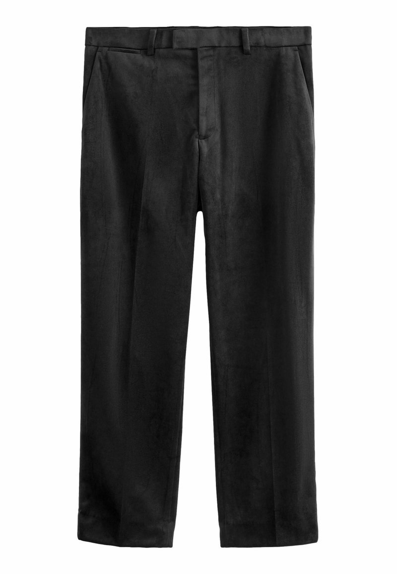 Pantaloni neri a gamba dritta realizzati in tessuto morbido, dotati di chiusura con zip, due tasche frontali e un design classico della vita.