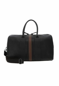 Black leather duffel bag with a brown vertical stripe, top handles, and an adjustable shoulder strap; textured finish, zip closure.