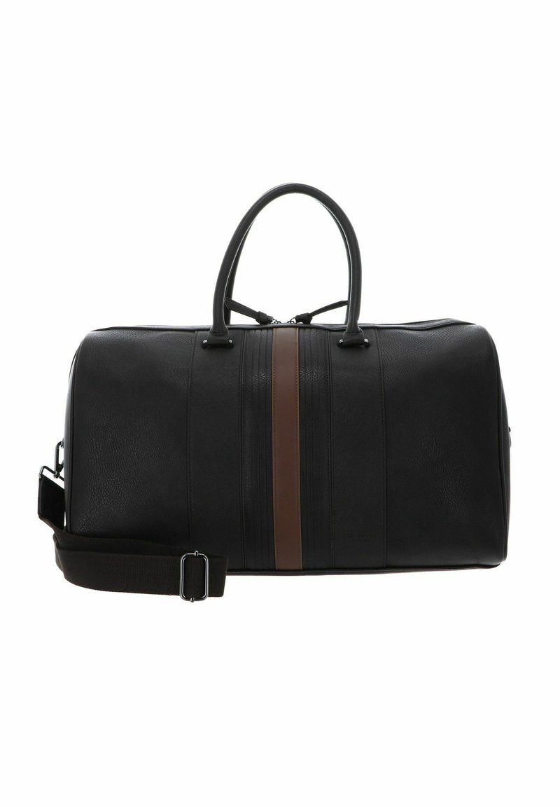 Black leather duffel bag with a brown vertical stripe, top handles, and an adjustable shoulder strap; textured finish, zip closure.