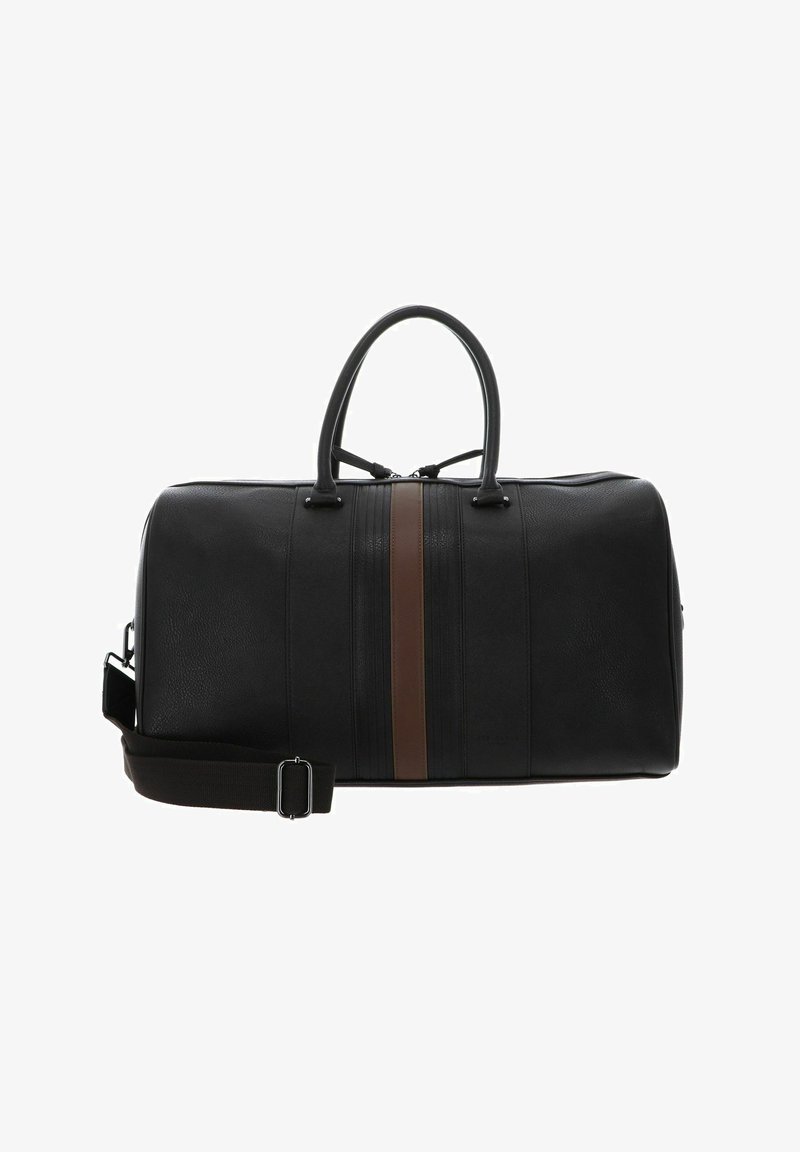 Black leather duffel bag with a brown vertical stripe, top handles, and an adjustable shoulder strap; textured finish, zip closure.