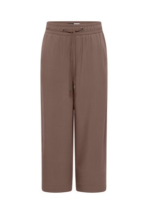 Pantalon marron large et court avec taille élastique et cordon à nouer à l'avant, en tissu lisse.