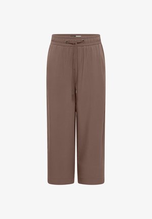 Pantalon marron large et court avec taille élastique et cordon à nouer à l'avant, en tissu lisse.