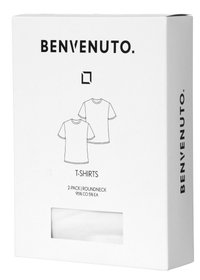 Weiße Verpackung für ein 2er-Pack Rundhals-T-Shirts. Enthält Illustrationen von zwei T-Shirts. Material: 95% Baumwolle, 5% Elasthan.