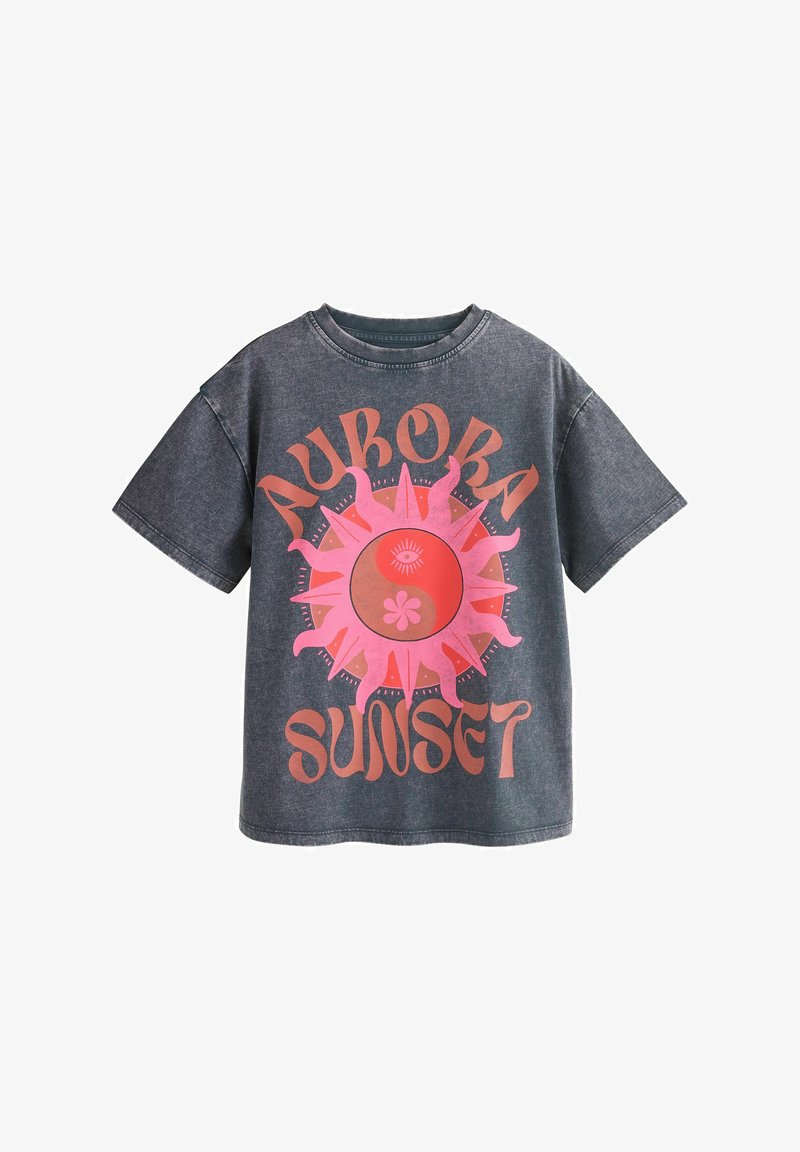 Black washed short-sleeve t-shirt with pink sun graphic and "Aurora Sunset" text in stylized pink font on front.