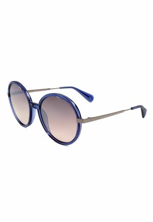 Occhiali da sole rotondi con montature blu traslucide e lenti marroni sfumate, con sottili aste metalliche e terminali blu.