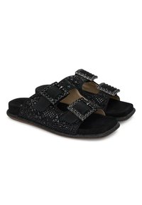 Zwarte slide sandalen met twee verstelbare banden, met een textuur oppervlakte met geometrische patronen en metallic accenten. Zacht, gevoerd voetbed.