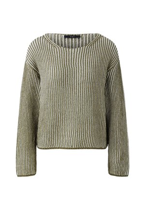 Grün-weiß gestreifter Strickpullover mit langen Ärmeln und rundem Ausschnitt, mit "oui"-Label im Krageninnenseite.