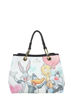 Borsa con manici neri che presenta Bugs Bunny, Daffy Duck, Tweety che tiene un palloncino e Sylvester in un vivace design a cartone animato.