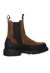 Braune Wildleder-Ankle Boots mit schwarzer Gummisohle, elastischen Seitenpaneelen und Zuglaschen; runde Zehenpartie, strukturiertes Obermaterial und gepolstertes Fußbett.