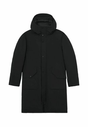 Must pikk talvejope kapuutsiga, ees lõhvikinnised ja kaks suurt taskut klapiga.