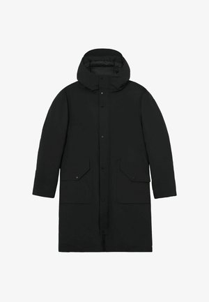 Must pikk talvejope kapuutsiga, ees lõhvikinnised ja kaks suurt taskut klapiga.