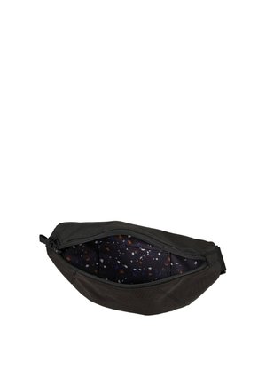 Black zippered waist bag open to show interior lining with multicolored speckled pattern and interior pocket.