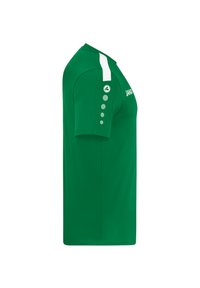 Maglietta sportiva verde realizzata in tessuto leggero, con maniche corte, un accento bianco sulla spalla e un dettaglio circolare sulla manica.