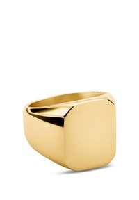 Guld ring med en glat, poleret overflade og en firkantet top. Designet har rene linjer og en tyk band, der skaber en moderne æstetik.