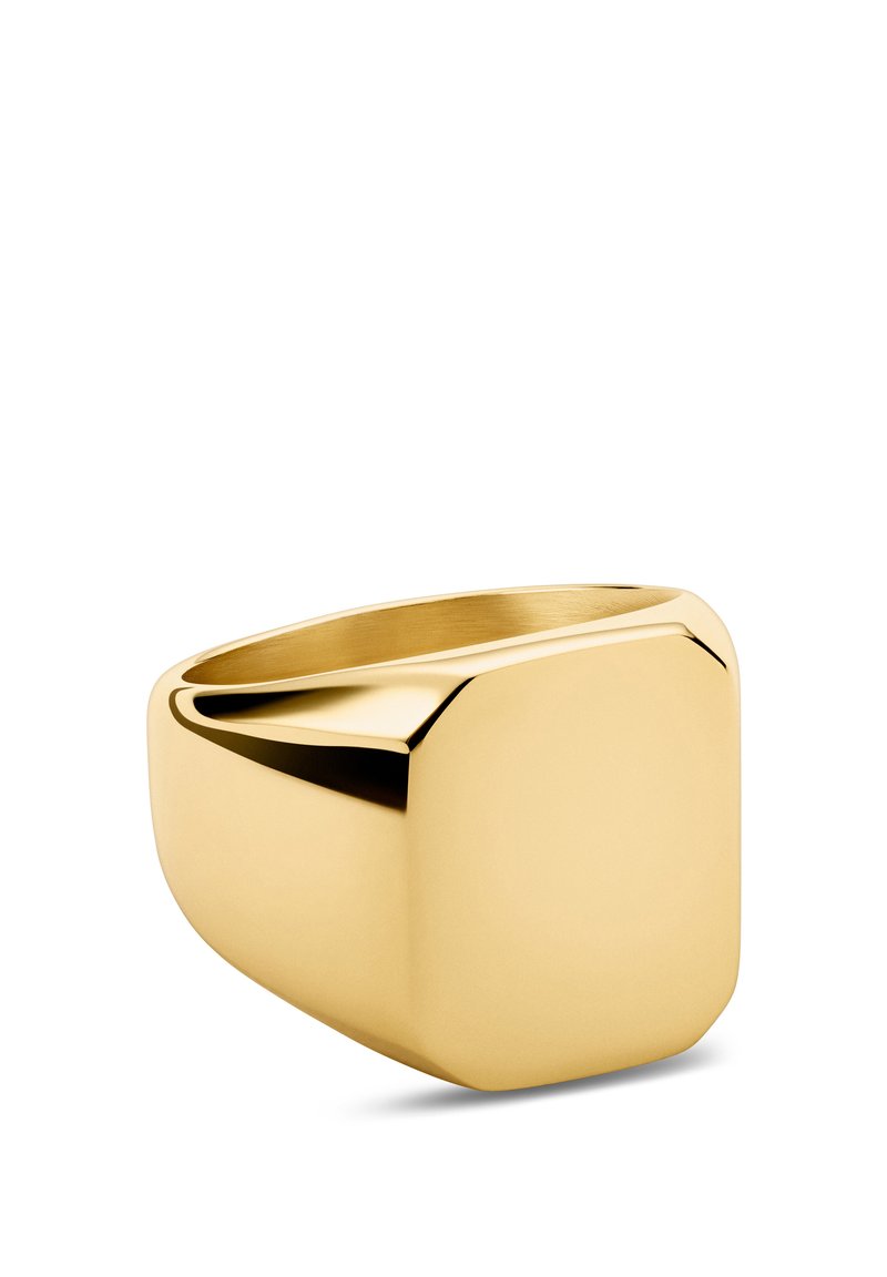 Guld ring med en glat, poleret overflade og en firkantet top. Designet har rene linjer og en tyk band, der skaber en moderne æstetik.