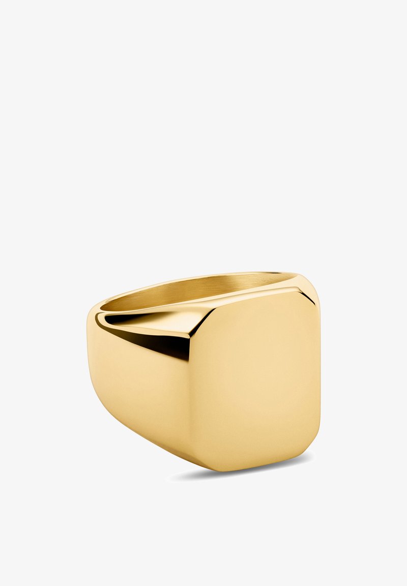 Gold ring with a smooth, polished surface and a square top. The design features clean lines and a thick band, creating a modern aesthetic.